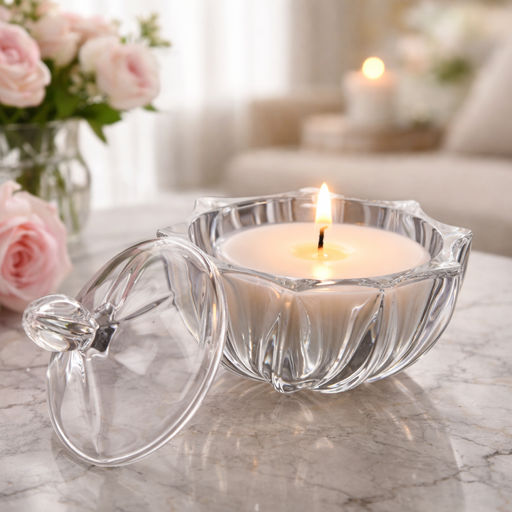 Petal-cut clear glass jar filled with small sweets