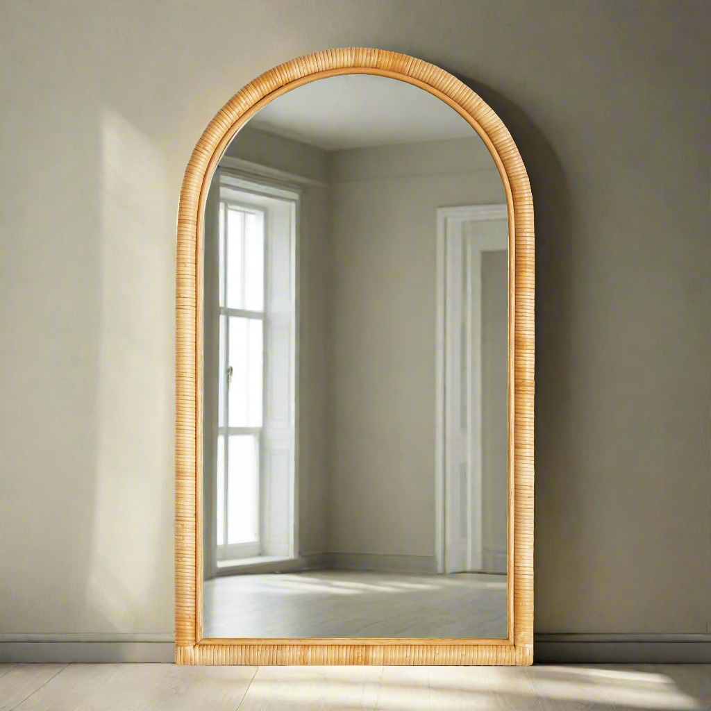 Vintage rattan framed arch wall mirror for coastal homes, adding natural texture and charm to any space.