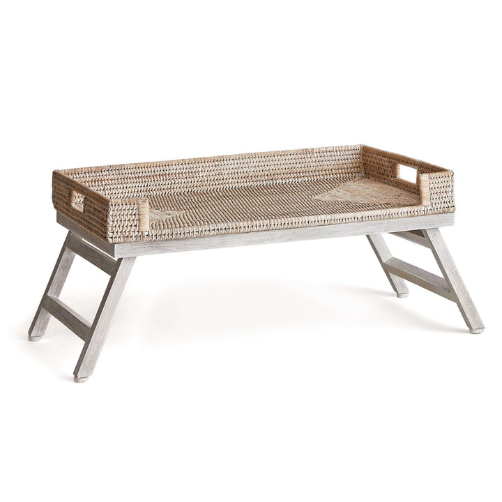 Vintage rattan tray table with collapsible legs, perfect for breakfast in bed or afternoon tea.