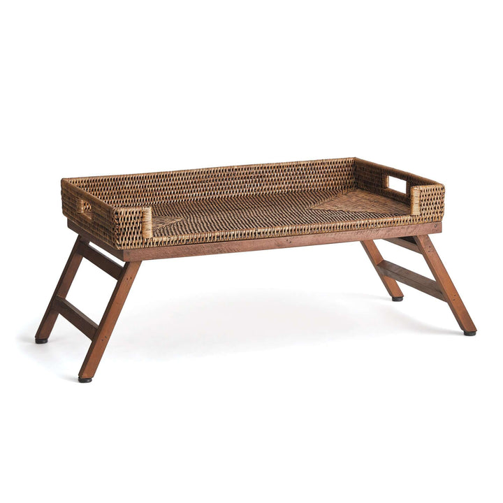 Vintage rattan tray table with collapsible legs, perfect for breakfast in bed or afternoon tea.
