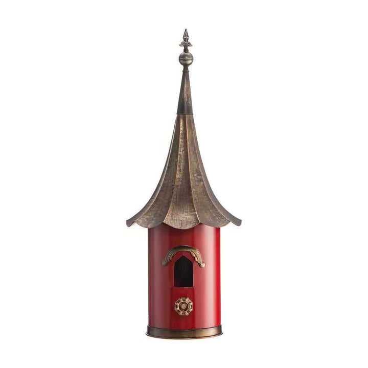 Vintage Red Metal Birdhouse with Bronze Pagoda Roof, featuring a whimsical design and fairy-tale charm.