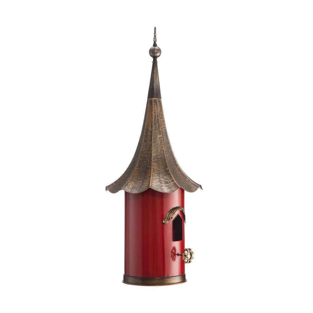 Vintage Red Metal Birdhouse with Bronze Pagoda Roof, perfect for a whimsical garden décor.