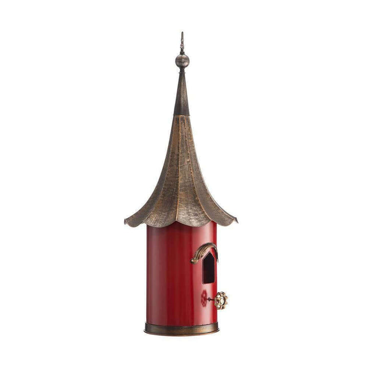 Vintage Red Metal Birdhouse with Bronze Pagoda Roof, perfect for a whimsical garden décor.