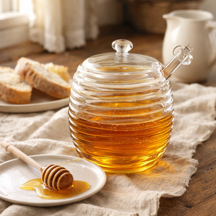 Vintage ribbed glass honey jar with clear dipper styled on a breakfast table