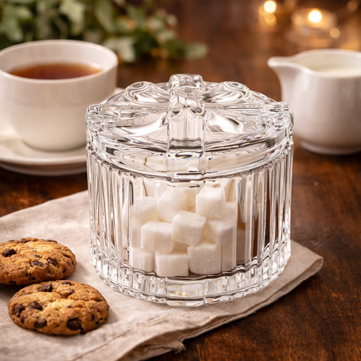 Vintage ribbed glass sugar bowl with bow lid styled beside tea and cookies