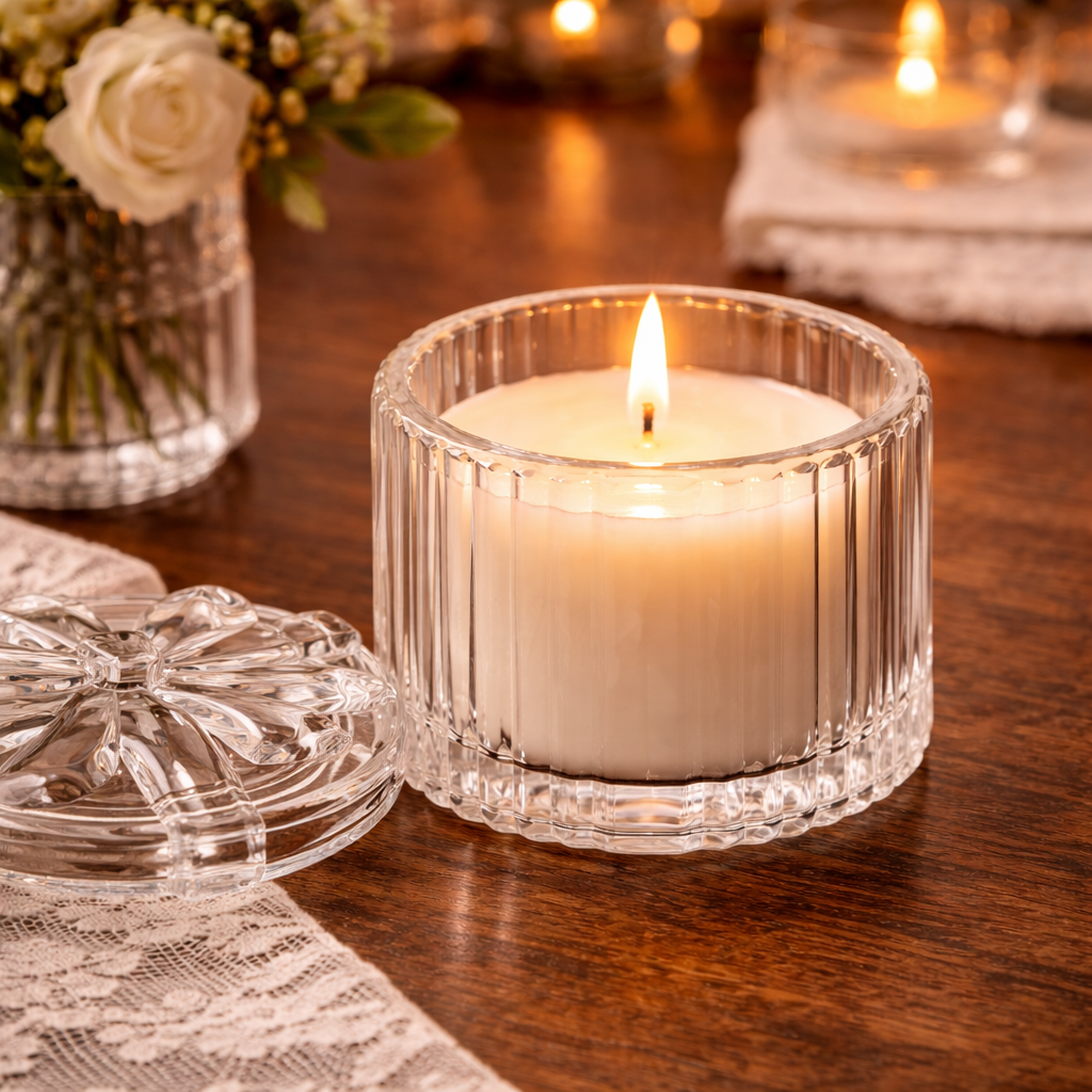 Clear glass sugar bowl with sculpted bow lid in warm candlelight