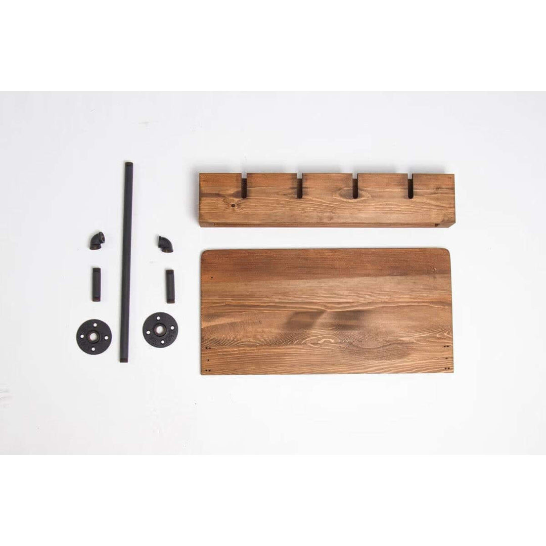 Assembly parts for Vintage Rustic Wall Wine Rack with Glass Holder, showcasing wooden elements and metal hardware for mounting.