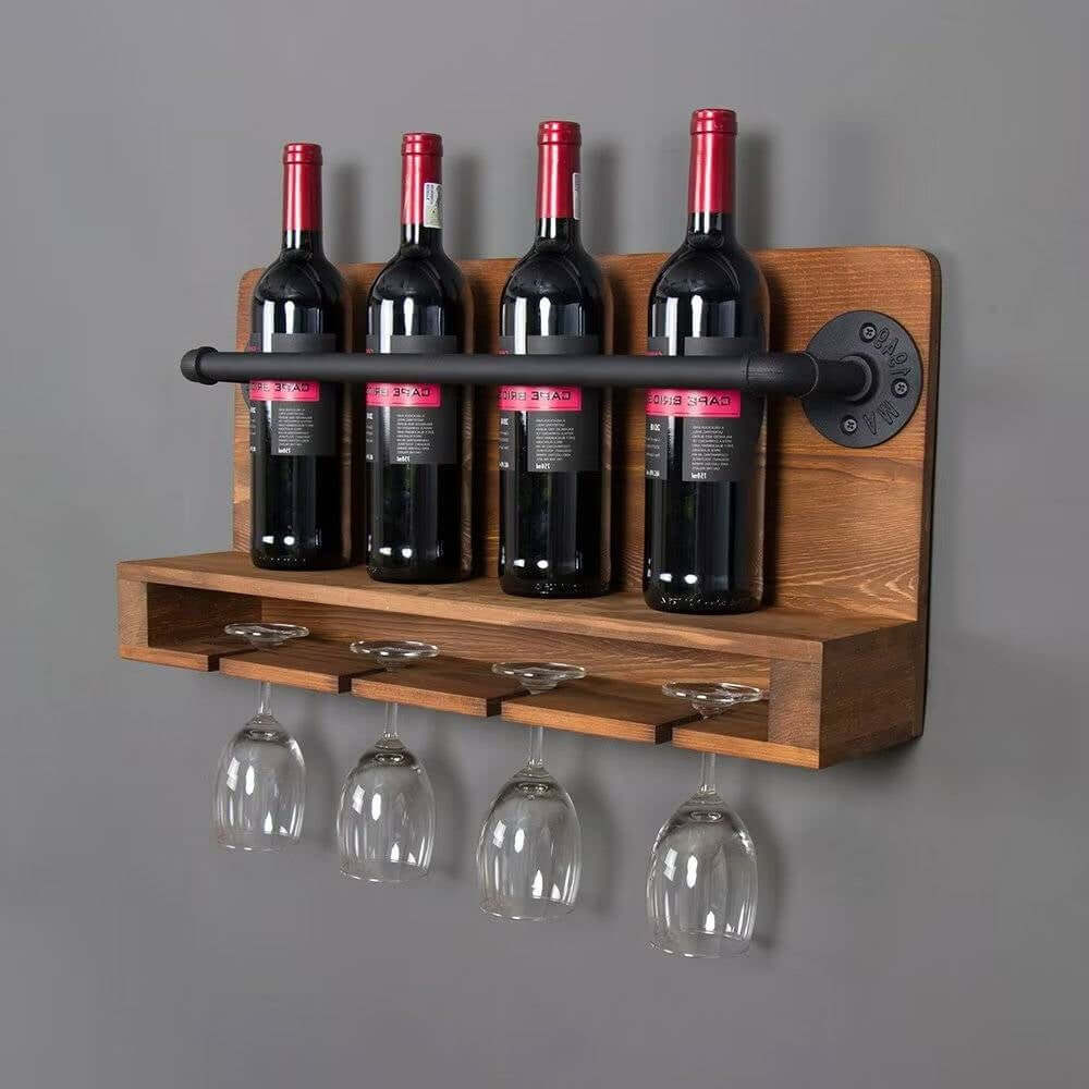 Vintage Rustic Wall Wine Rack with Glass Holder displaying red wine bottles and glasses.