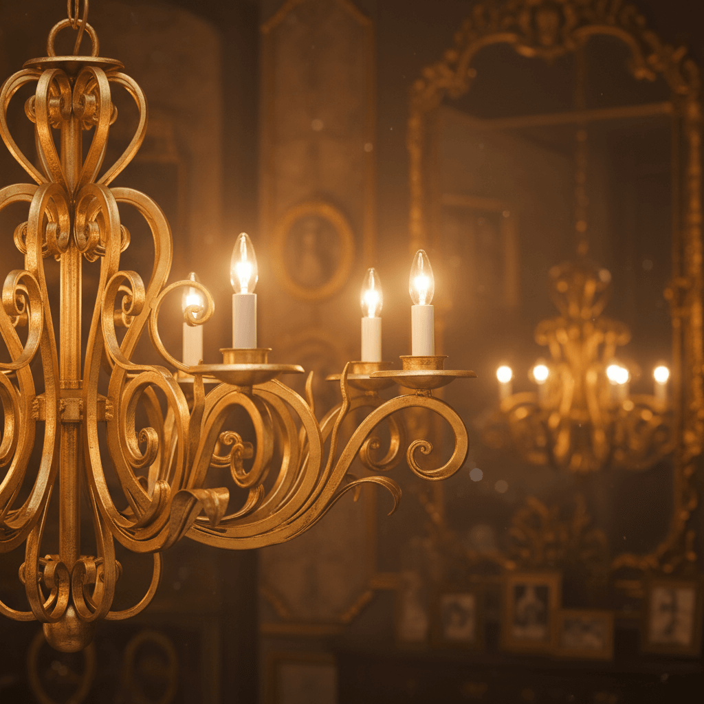 Vintage Scrollwork Chandelier in Gold Leaf Finish, hand-forged in Italy with elegant curves, illuminating a luxurious room.