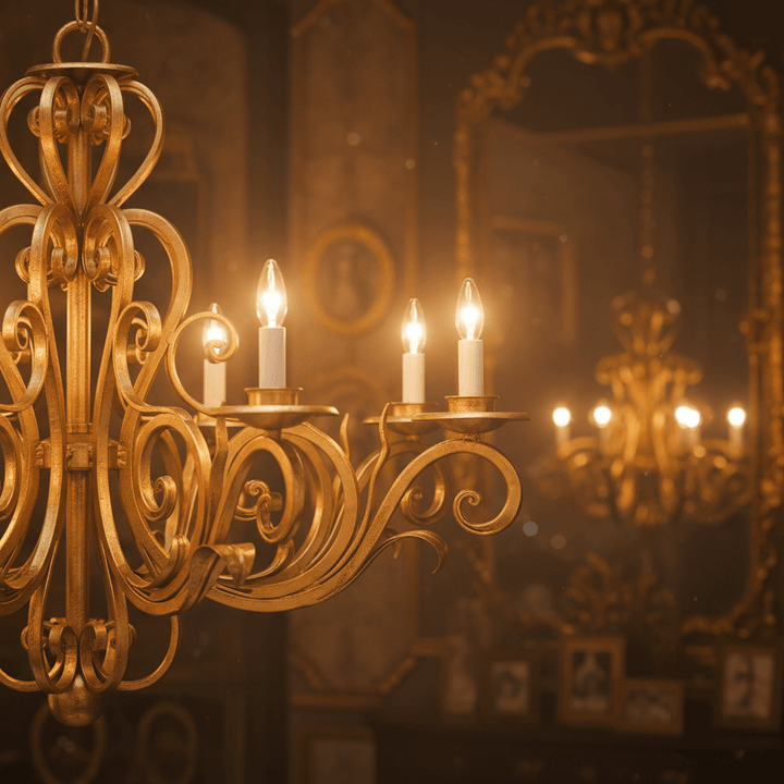 Vintage Scrollwork Chandelier in Gold Leaf Finish, hand-forged in Italy with elegant curves, illuminating a luxurious room.