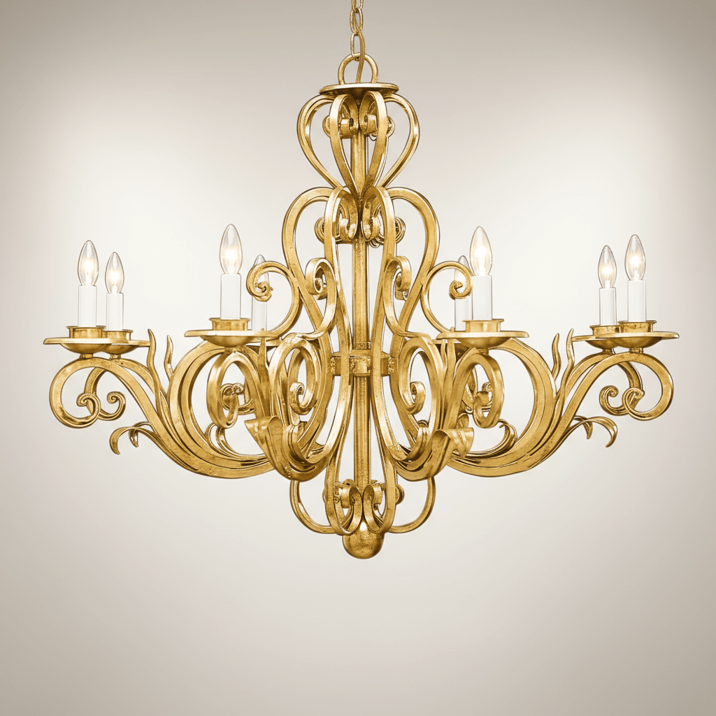 Hand-forged Vintage Scrollwork Chandelier in Gold Leaf Finish with elegant Italian craftsmanship and intricate design.