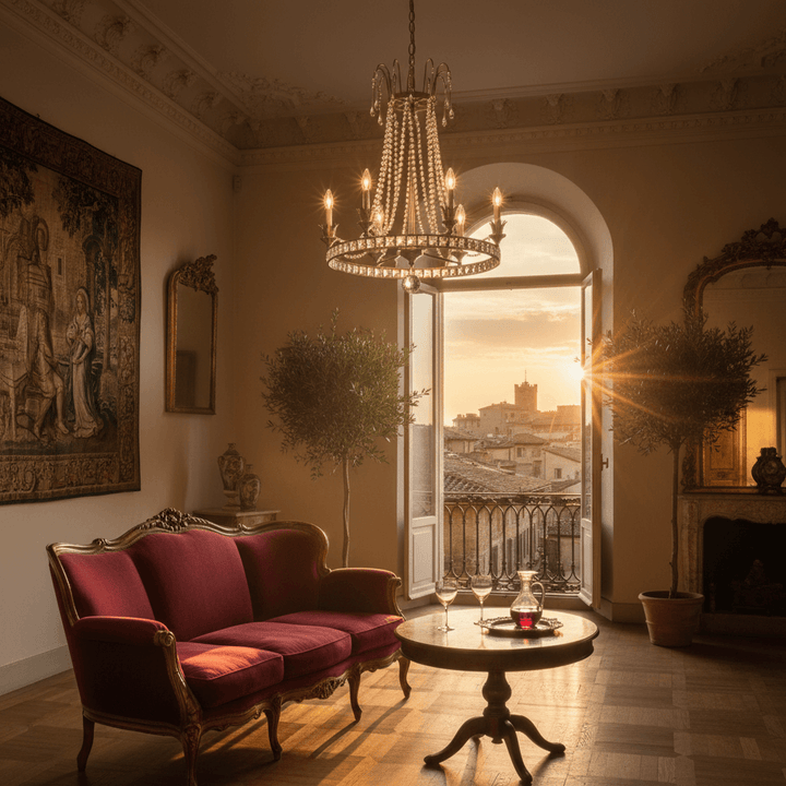 Vintage Silver Crystal Chandelier with Beaded Garlands in elegant Italian salon at sunset.