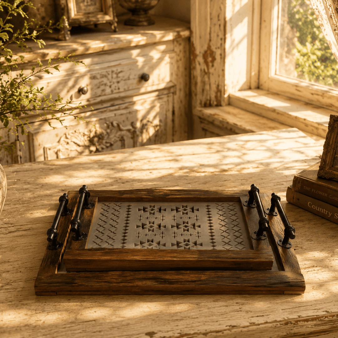 Vintage-style wooden trays with glass bases styled together