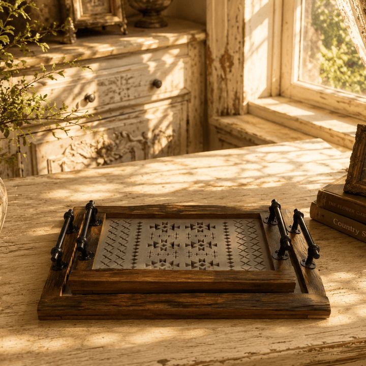 Vintage-style wooden trays with glass bases styled together