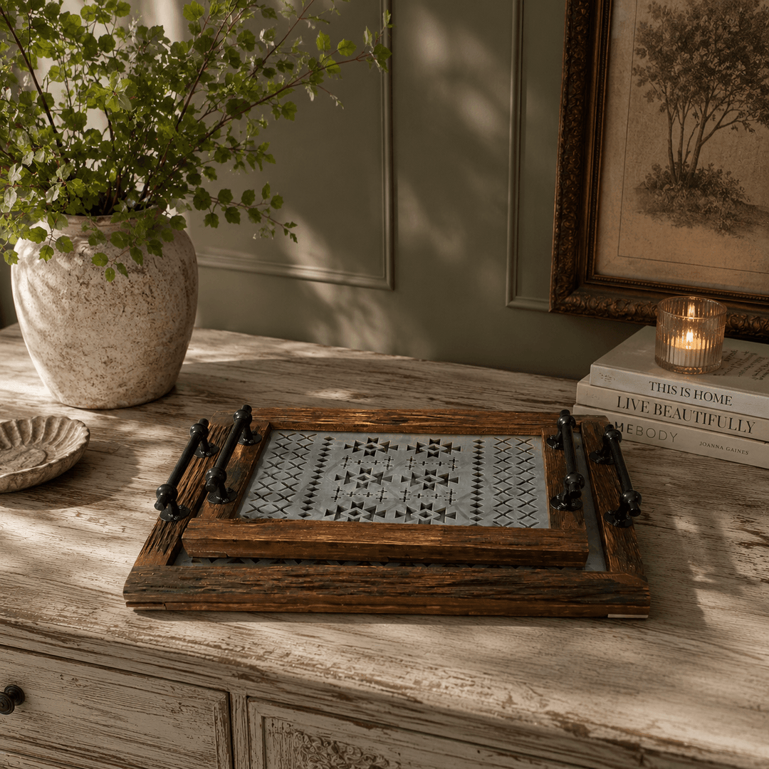 Nested wooden trays with clear glass bases
