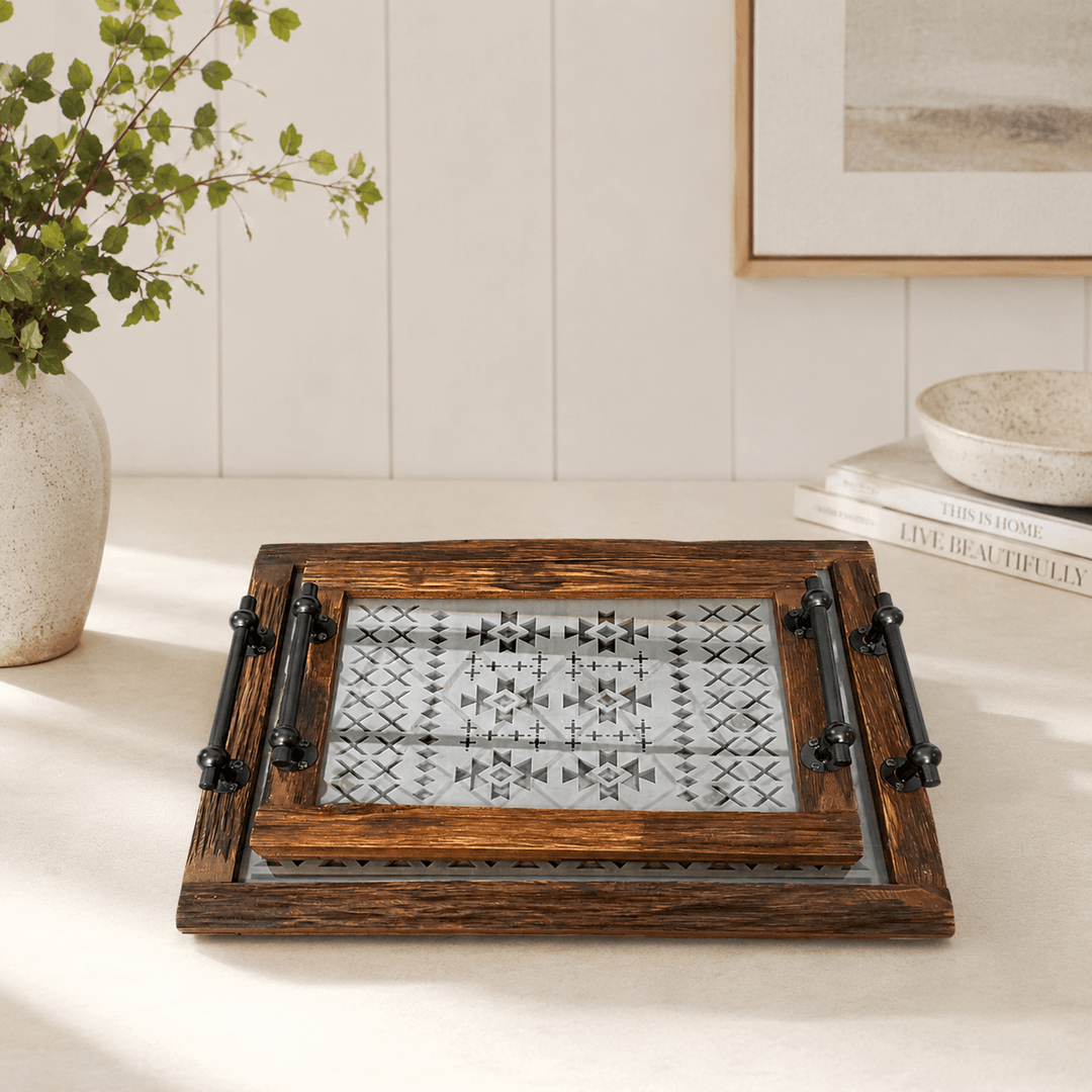 Rectangular wooden trays styled on a table