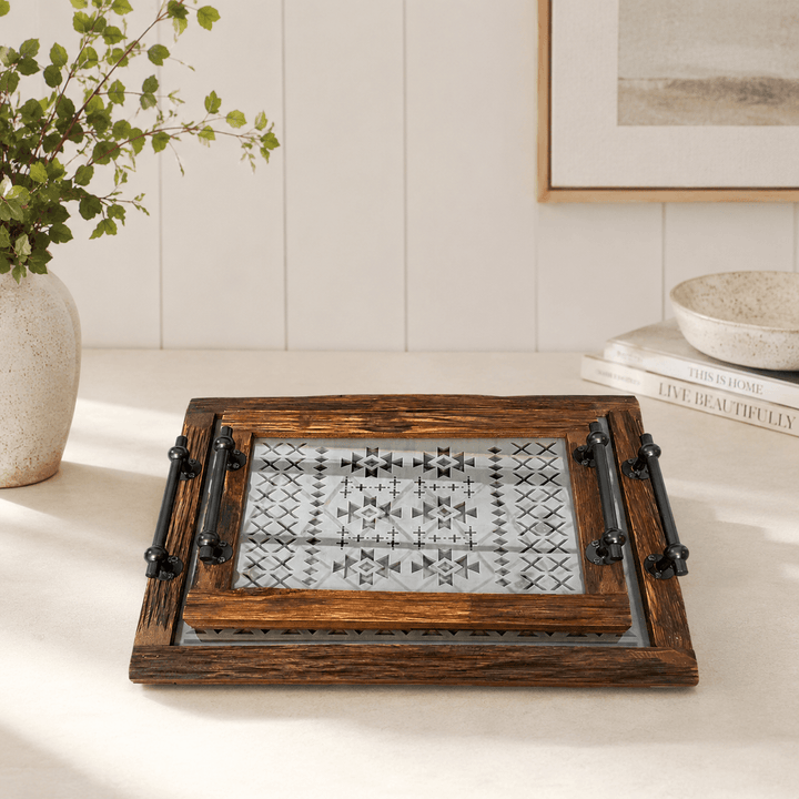 Rectangular wooden trays styled on a table
