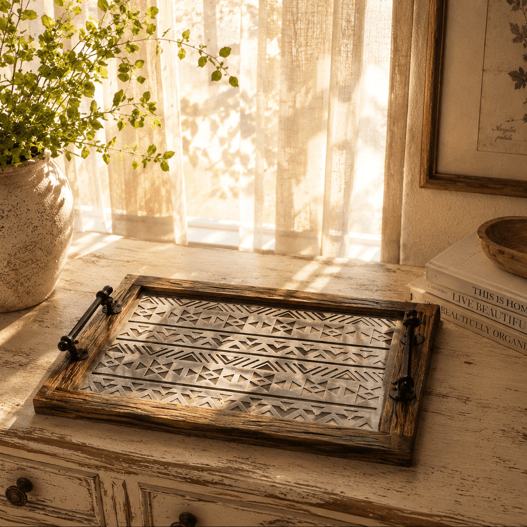 Pair of wooden trays with open side handles