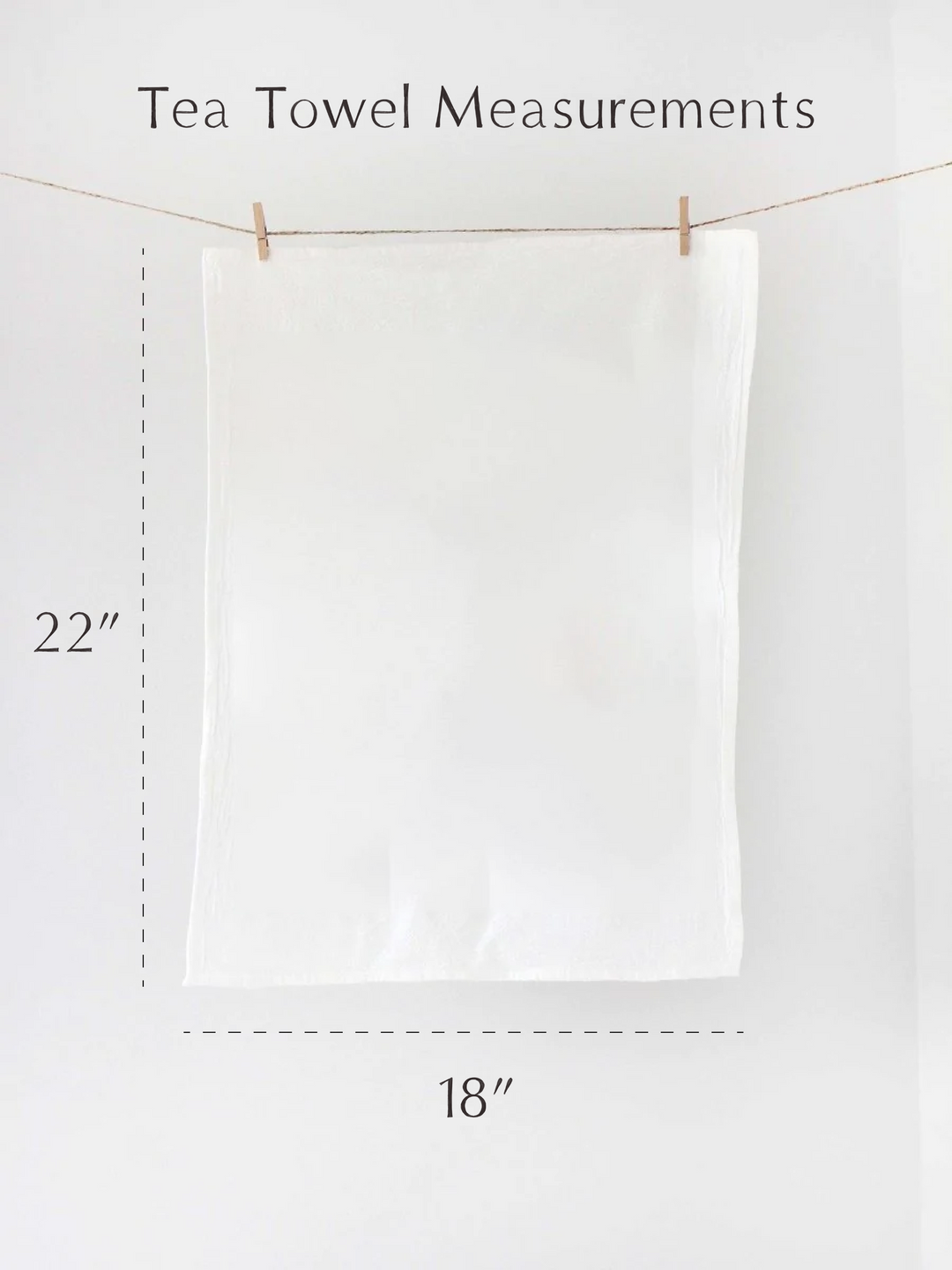 White tea towel 22x18 inches hanging with measurements shown for Vintage Sunflower Tea Towel.