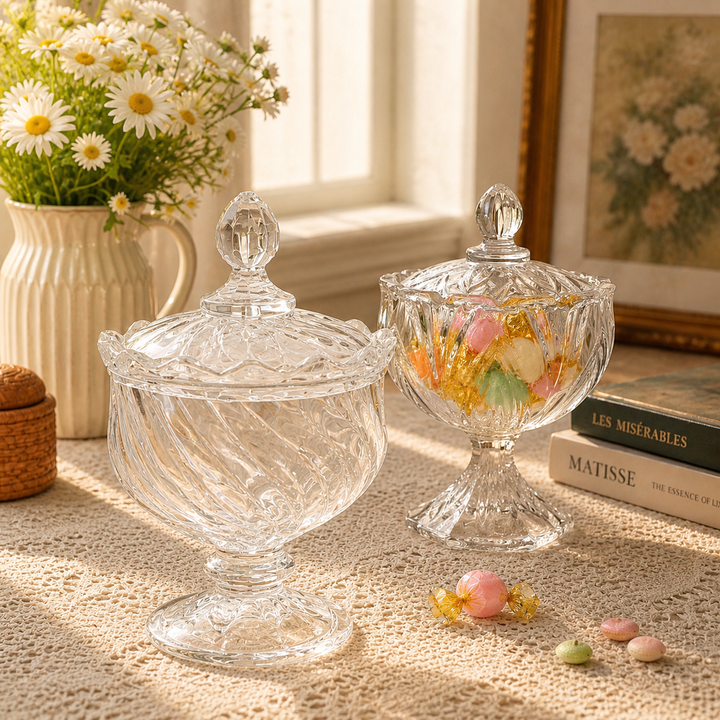 Style A vintage swirl glass pedestal jar styled as a candle vessel