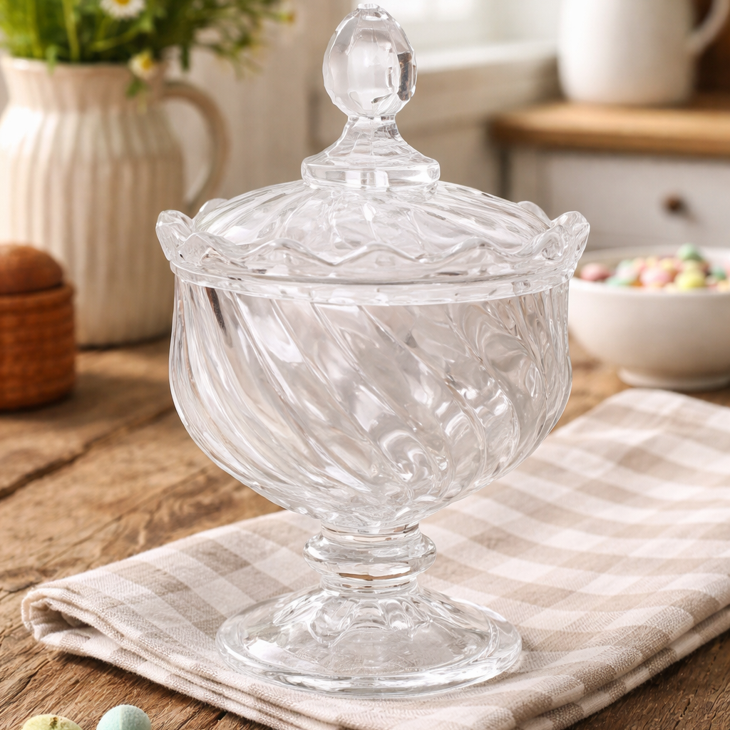 Style A swirl glass pedestal jar filled with delicate flowers