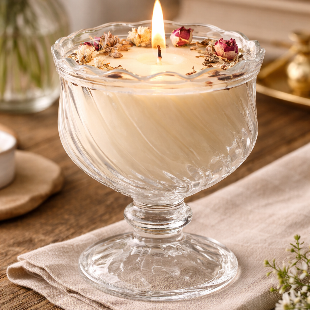 Close view of the scalloped rim and spiral-cut glass bowl on a pedestal base