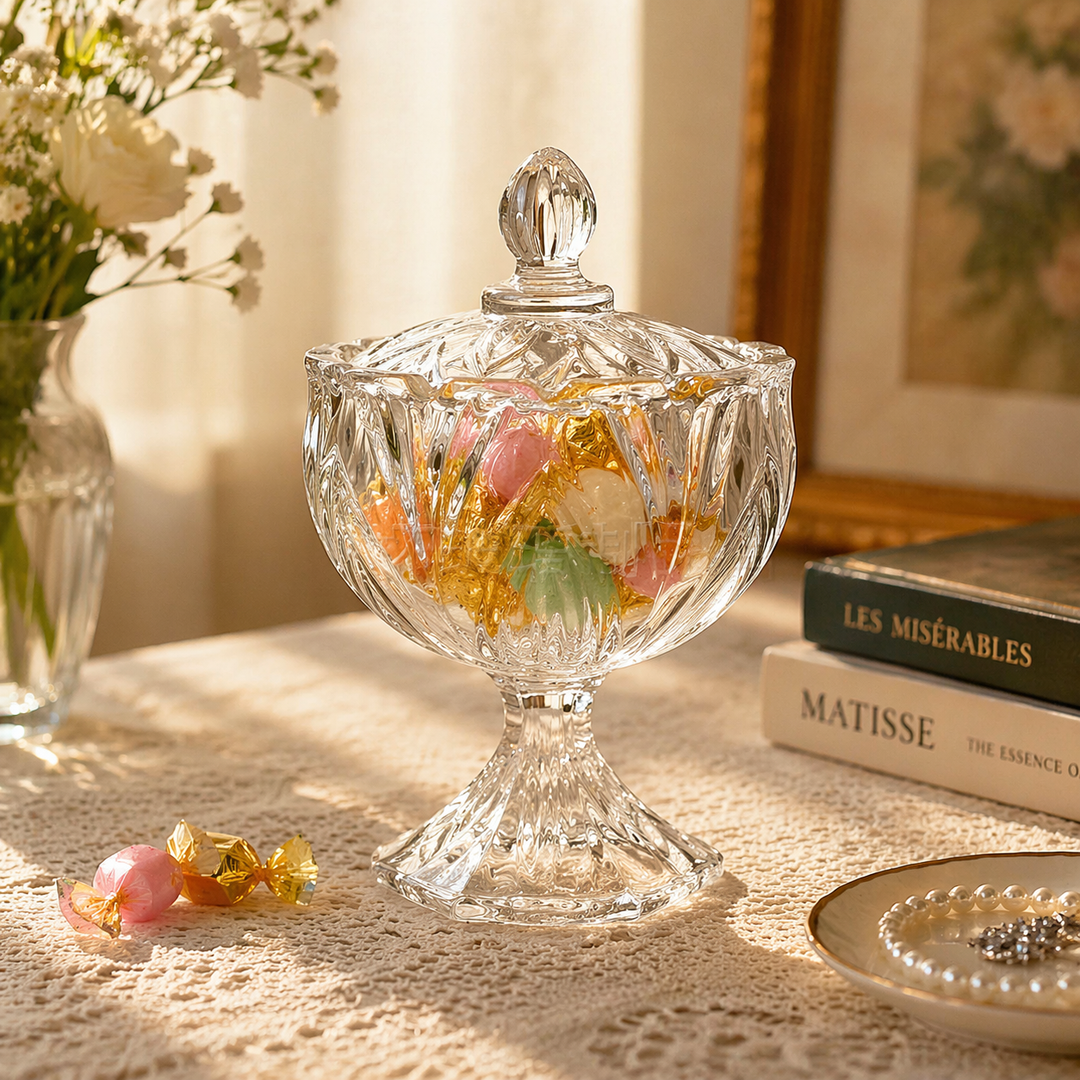Style B tall lidded glass candy jar with a pedestal base