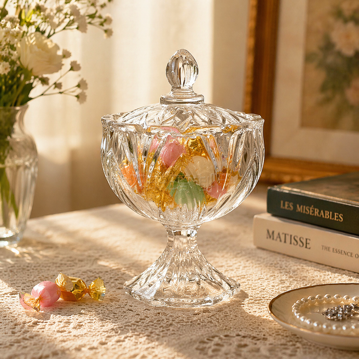 Style B tall lidded glass candy jar with a pedestal base