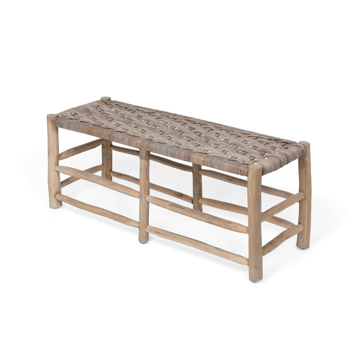 Vintage teak and rattan bench with hand-sanded finish, featuring interwoven seat and rounded edges. Ideal for entryway decor.
