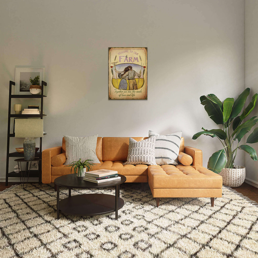 Living room with a brown sectional sofa, coffee table, and decorative elements.