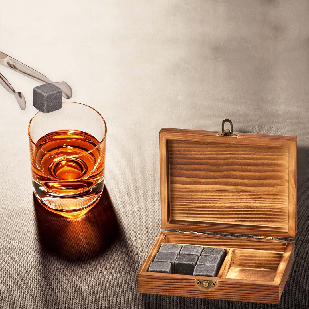 Vintage Whiskey Chilling Stone Set in Wooden Gift Box with glass and tongs