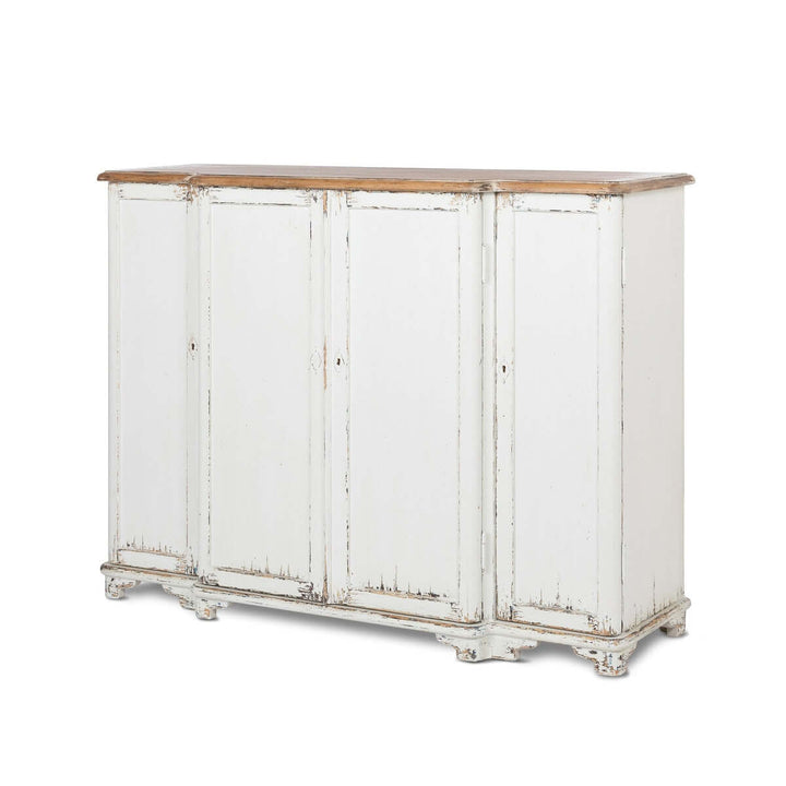 Vintage white painted entryway cabinet with distressed wood top and country cottage aesthetic