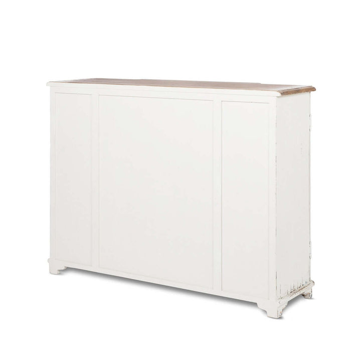 Vintage white entryway cabinet with distressed wood top, cottage-style furniture for cozy foyers, aged and classic design.