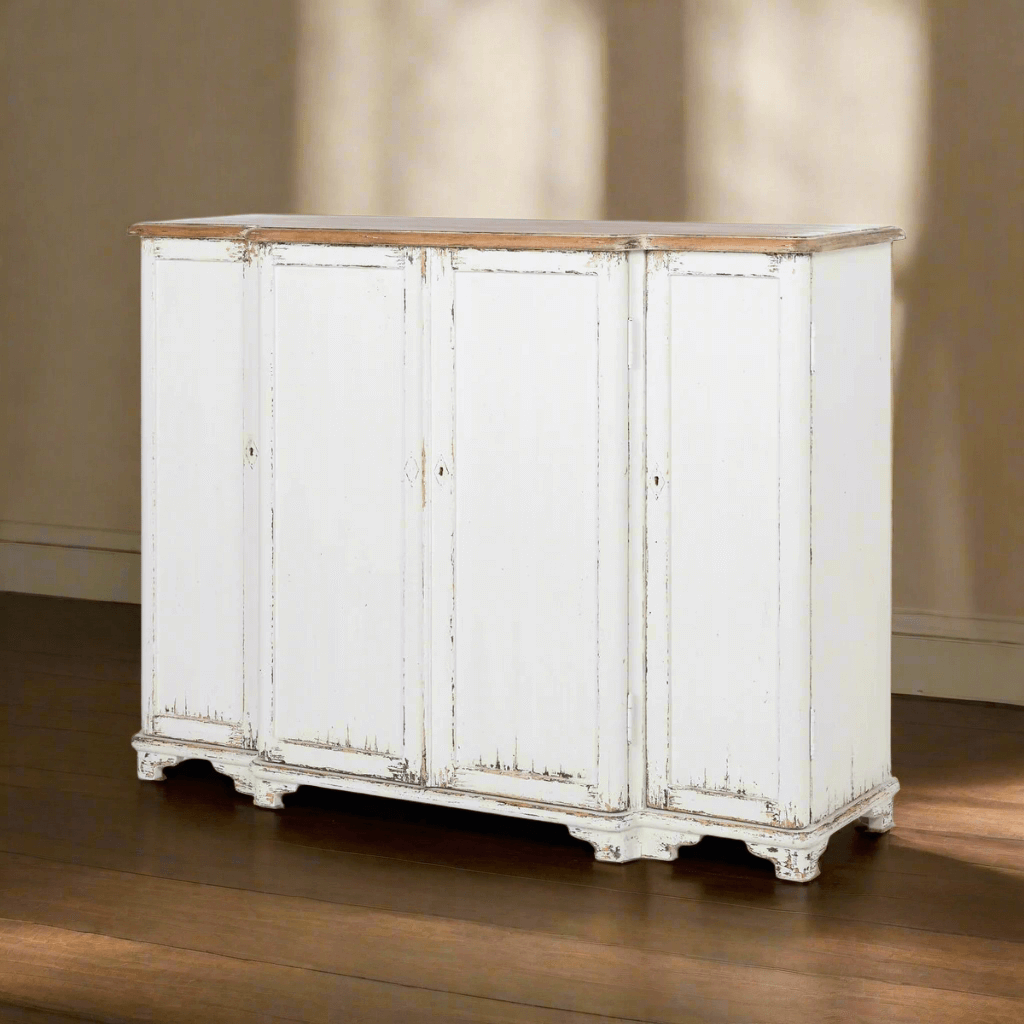 Vintage white painted entryway cabinet with distressed wood top, perfect for cottage-style decor.