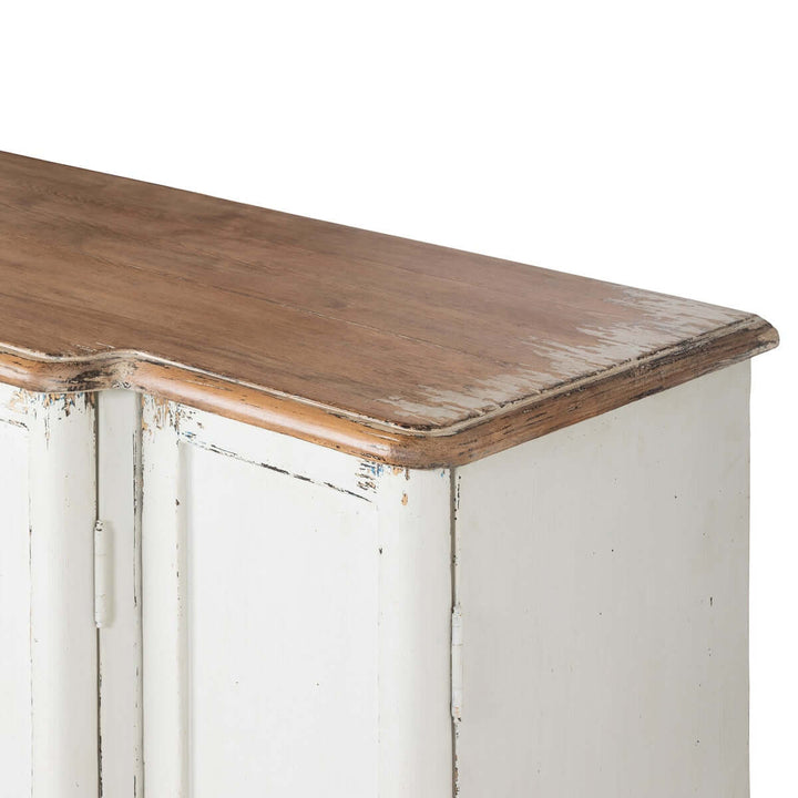 Vintage white entryway cabinet with distressed wood top, highlighting rustic charm and elegant design for cozy home décor.