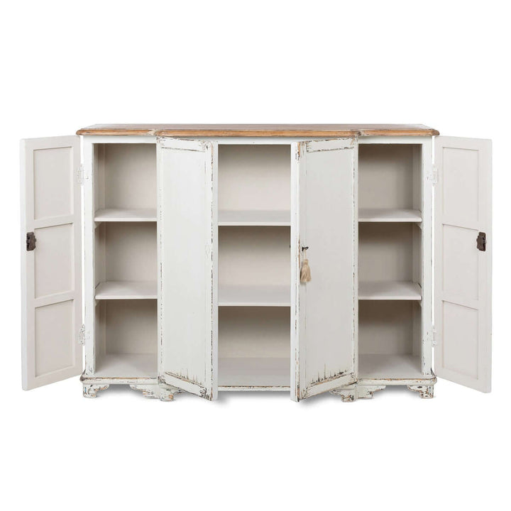 Vintage white painted entryway cabinet with distressed wood top, open doors, and spacious shelving for storage