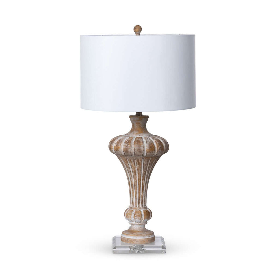 Vintage whitewashed urn table lamp with crystal base and linen shade, inspired by classical European designs, elegant home decor.
