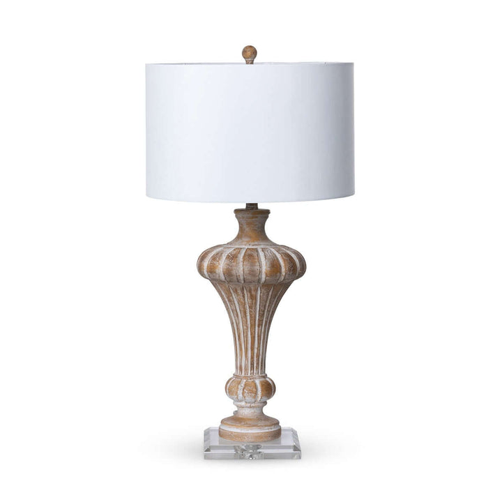 Vintage whitewashed urn table lamp with crystal base and linen shade, inspired by classical European designs, elegant home decor.