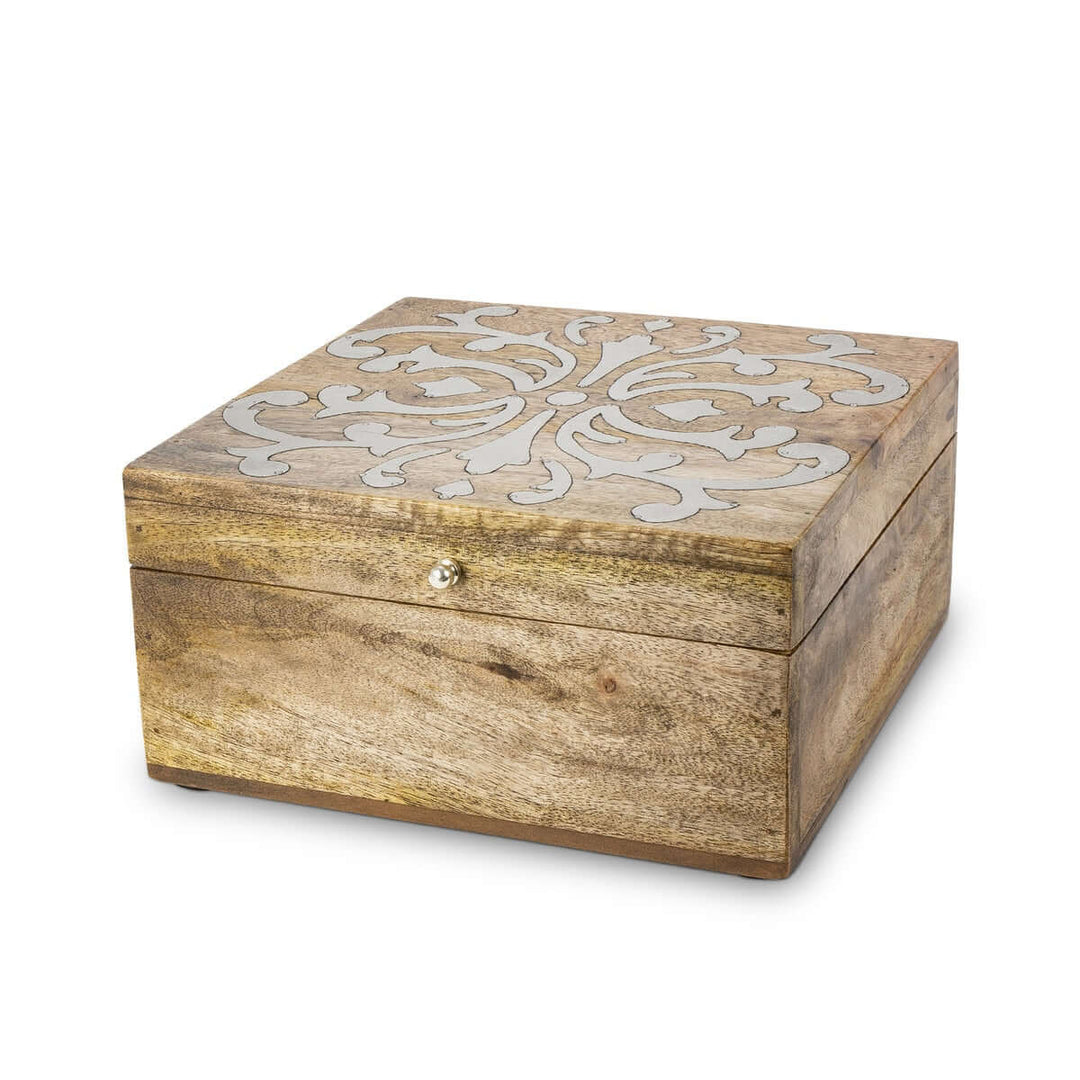 Vintage Wood Keepsake Storage Box with Lid featuring metal inlay design on a square mango wood box for storing treasured items.