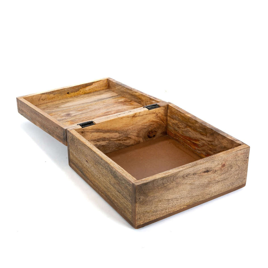 Vintage Wood Keepsake Storage Box with Lid open showcasing its natural mango wood finish.