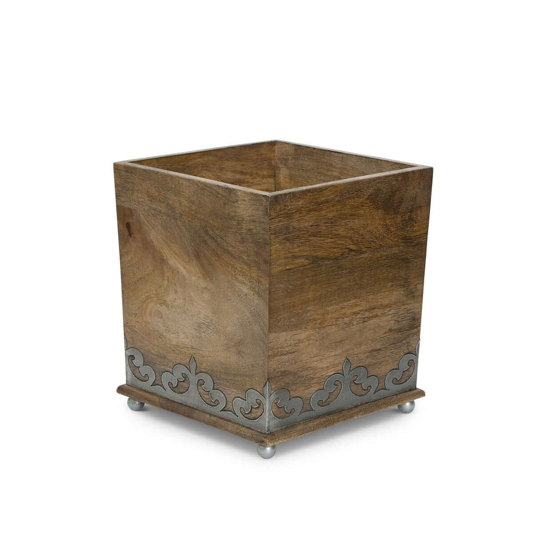 Vintage Wood Waste Basket with Metal Inlay made from mango wood, featuring elegant metal designs, adding a decorative touch.