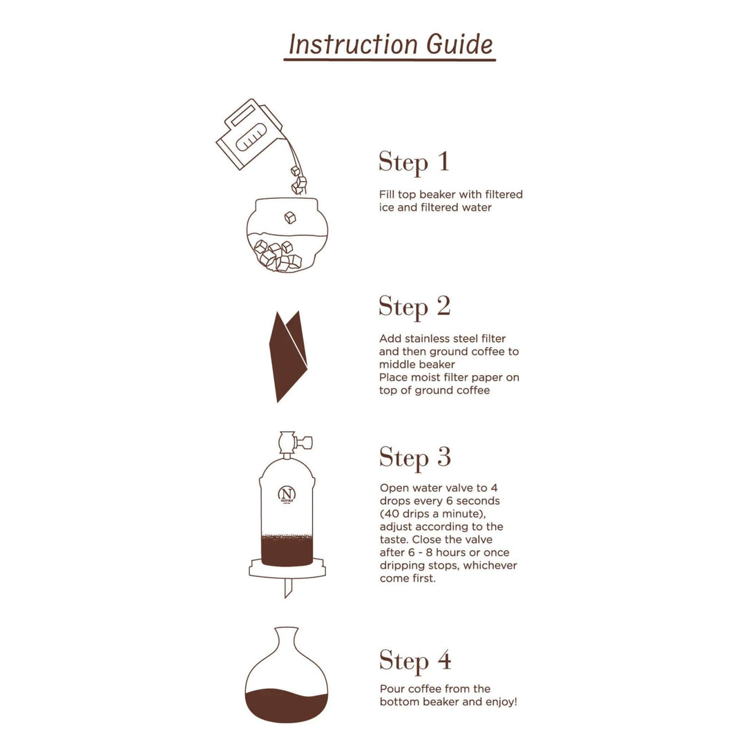 Instructions for using the Vintage Wooden Cold Brew Coffee Maker Tower with detailed step-by-step guide and illustrations.