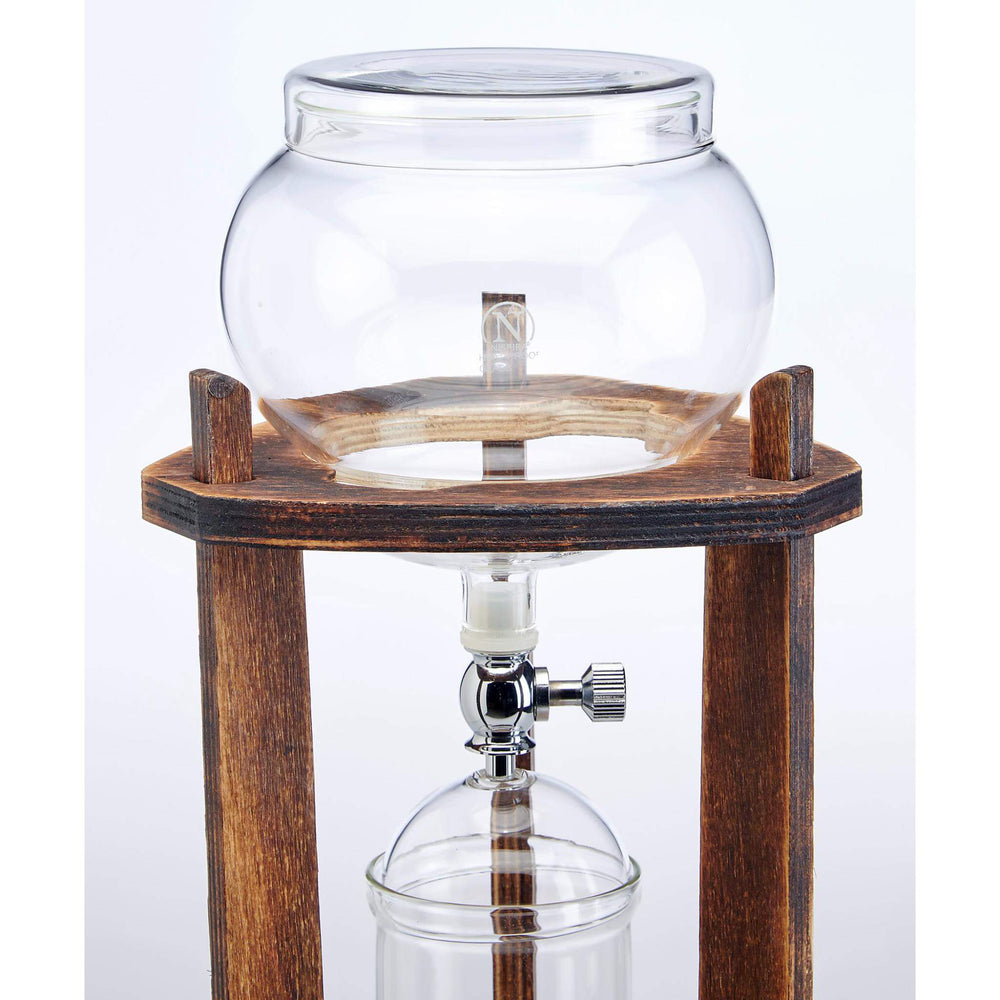 Vintage Wooden Cold Brew Coffee Maker Tower with glass vessels and wooden frame, showcasing elegant craftsmanship in home brewing.