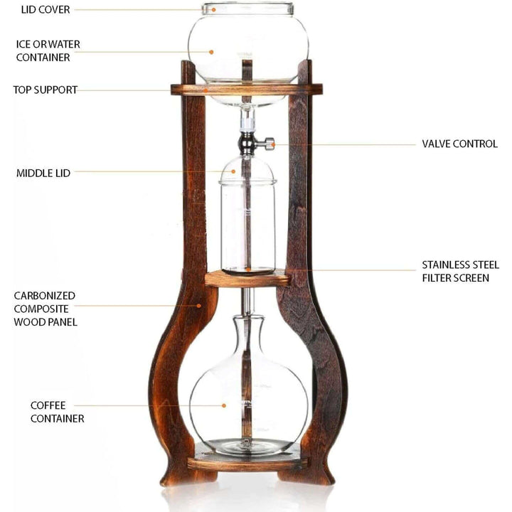 Vintage Wooden Cold Brew Coffee Maker Tower with glass vessels and wooden frame showcasing handcrafted design.