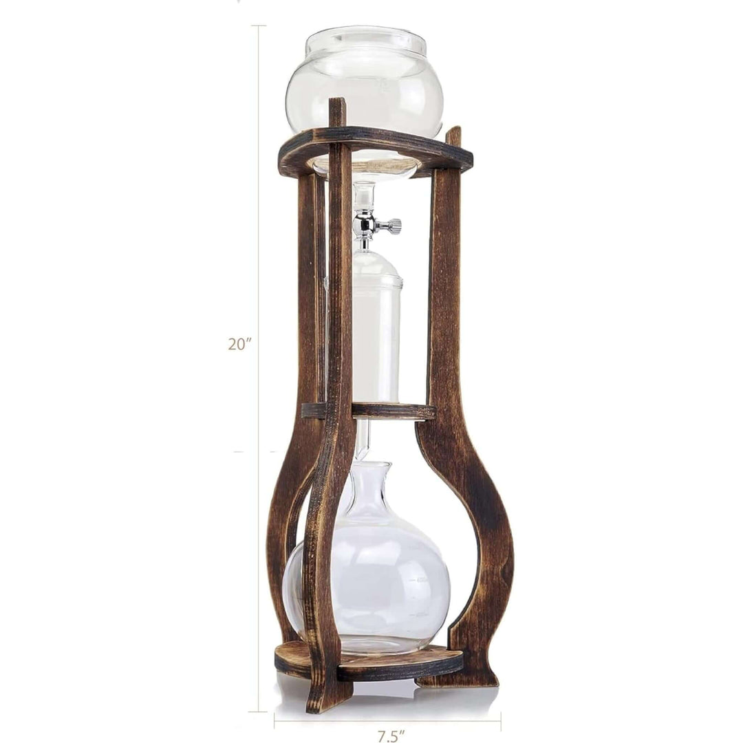 Alt Tag: Vintage Wooden Cold Brew Coffee Maker Tower with glass vessels for slow-drip coffee brewing.