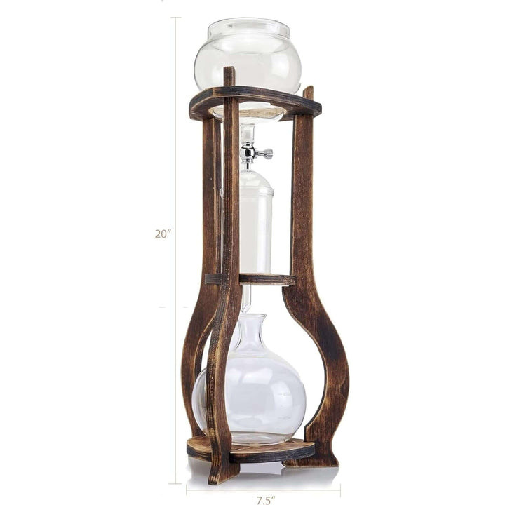 Alt Tag: Vintage Wooden Cold Brew Coffee Maker Tower with glass vessels for slow-drip coffee brewing.