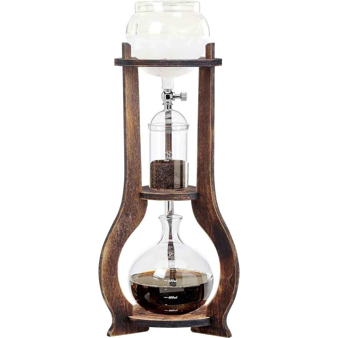 Vintage Wooden Cold Brew Coffee Maker Tower with hand-blown glass vessels and wooden frame, perfect for a retro-inspired kitchen.