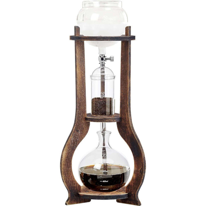Vintage Wooden Cold Brew Coffee Maker Tower with hand-blown glass vessels and wooden frame, perfect for a retro-inspired kitchen.