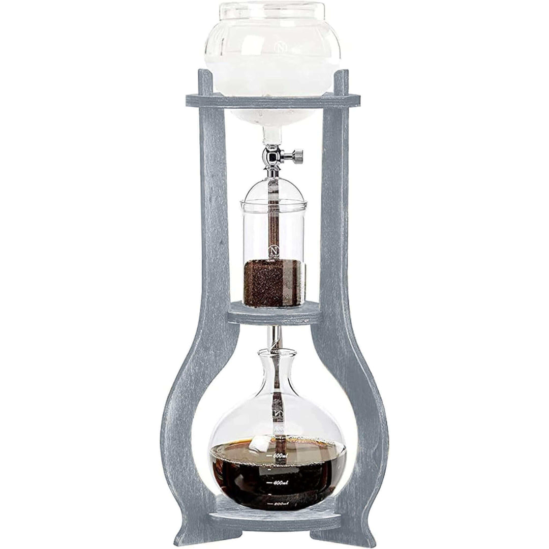 Vintage Wooden Cold Brew Coffee Maker Tower with glass vessels and wooden frame.
