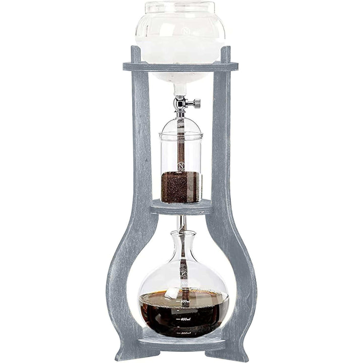 Vintage Wooden Cold Brew Coffee Maker Tower with glass vessels and wooden frame.
